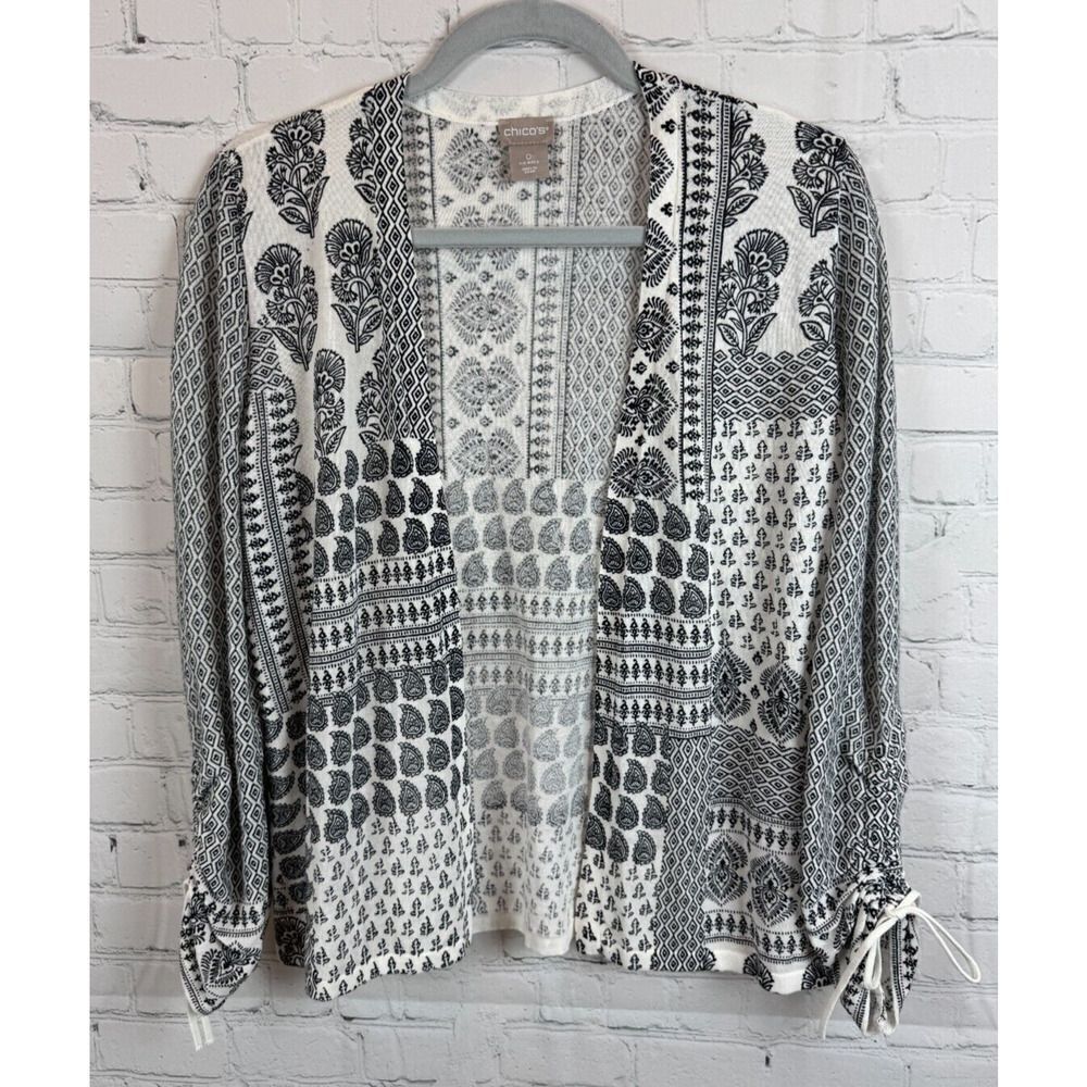 CHICO'S black white cotton blend floral knit open front cardigan sweater 0 S